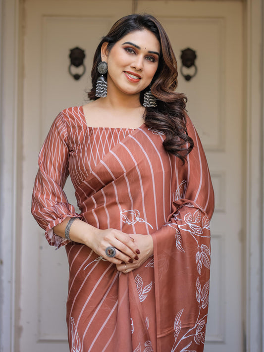 Rust Brown Striped Printed Satin Georgette Saree with Designer Blouse | Elegant Party Wear Saree for Women