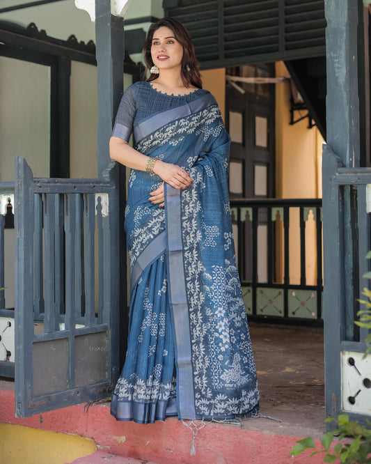 Steel Blue Linen Floral Printed Saree with Elegant Border Design and Tassel Detailing with Unstitched Blouse for Women