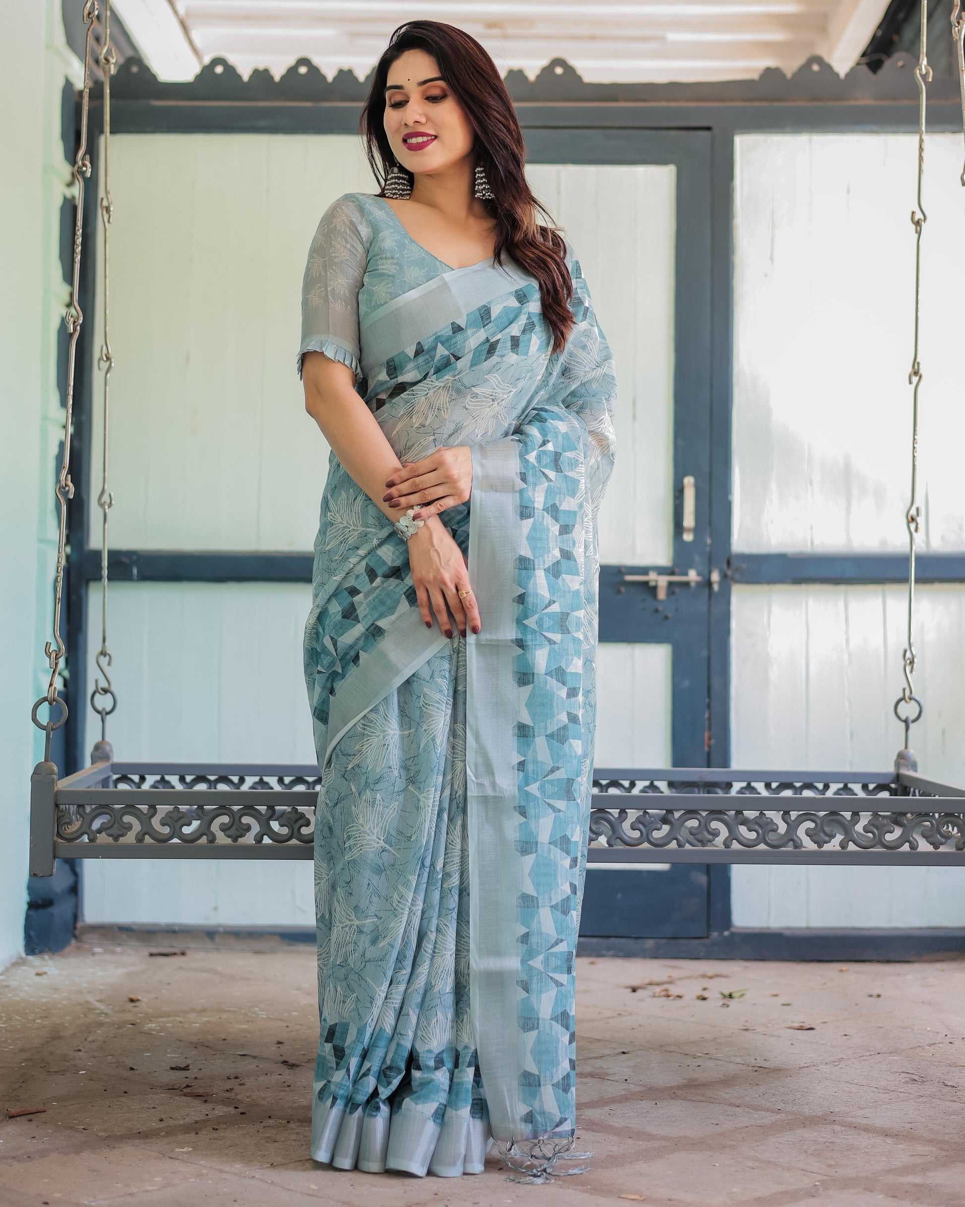 Light Blue Pure Cotton Linen Saree with Geometric and Floral Patterns And Tassels With Unstitched Blouse