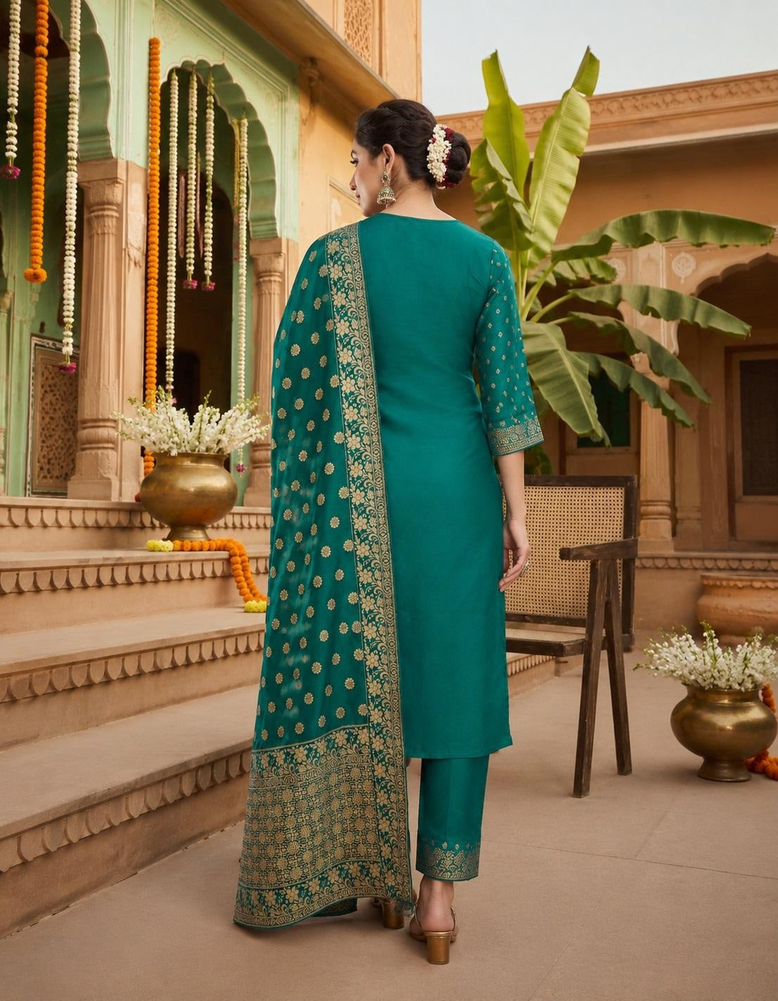 Women's Jacquard Polyester Kurta Set with Bottom & Jacquard Dupatta | Stitched Ethnic Wear for Women