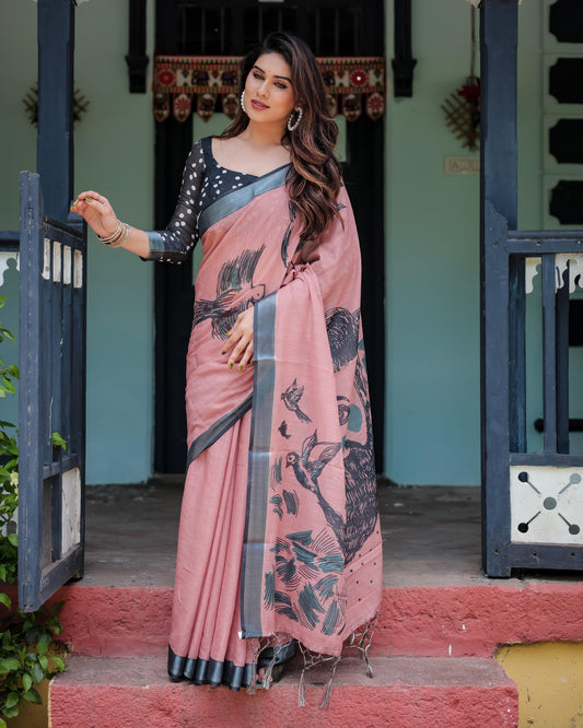 Blush Pink Pure Cotton Linen Saree with Contrast Polka Dot and Tassel Detailing With Unstitched Blouse