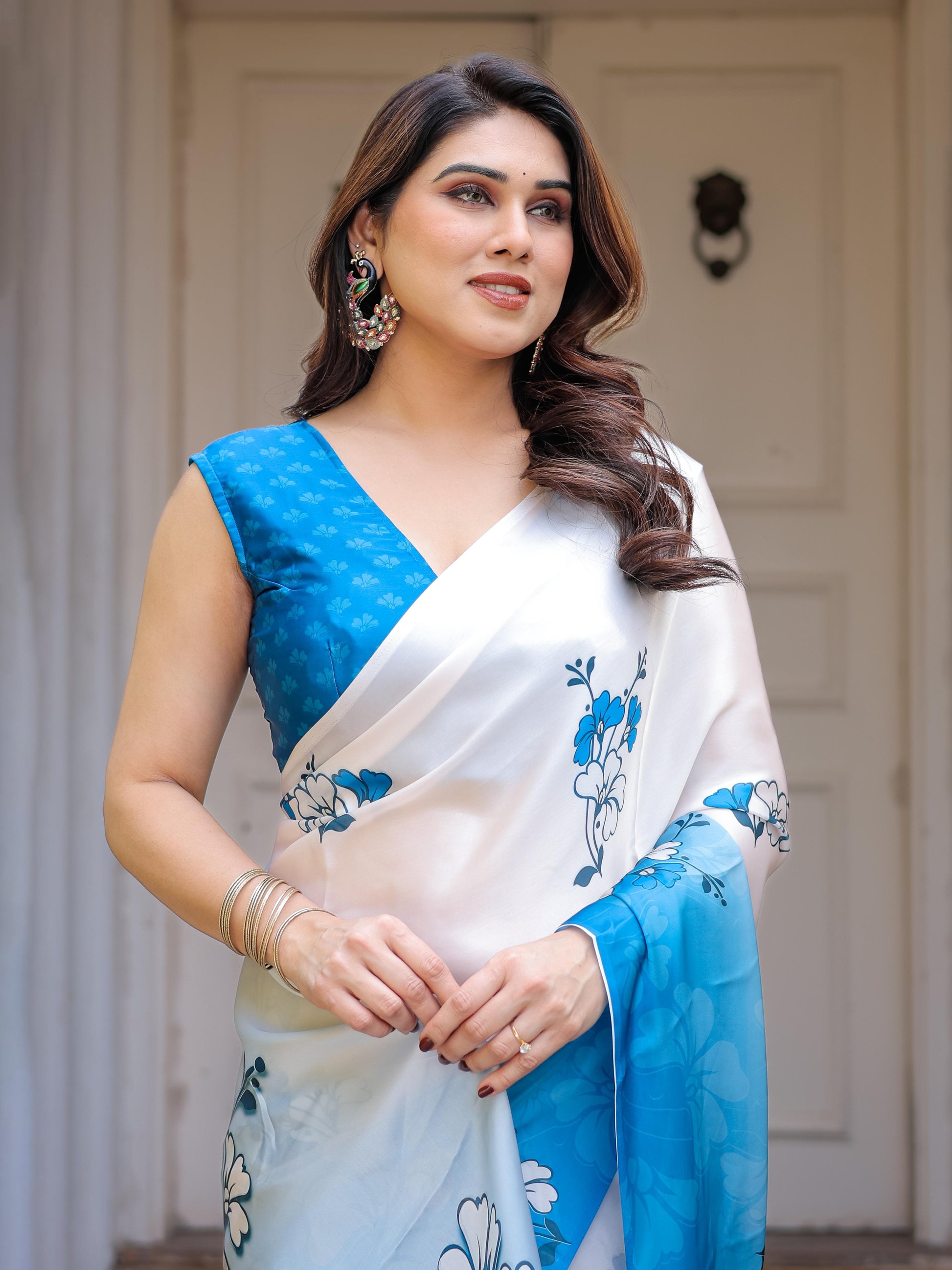 White Blue Floral Printed Satin Georgette Saree for Women with Designer Blouse | Elegant Soft Party Wear Saree
