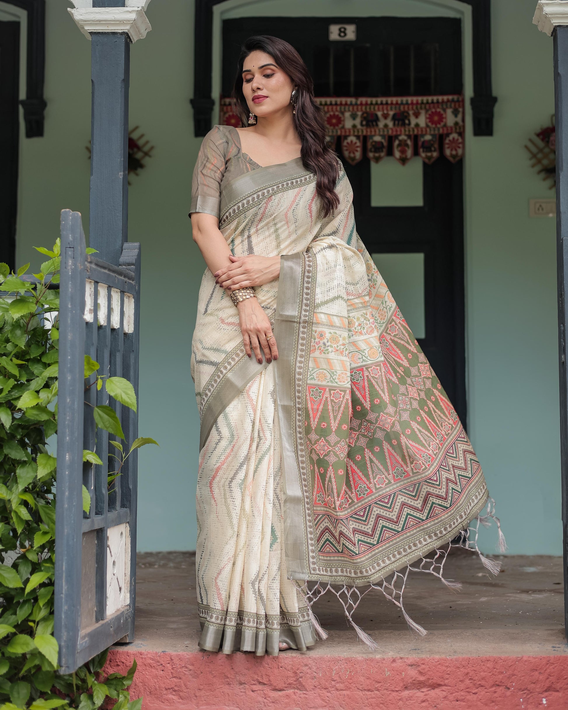 Cream and Olive Green Linen Printed Saree with Ethnic Pattern Border and Tassel Detailing with Unstitched Blouse for Women