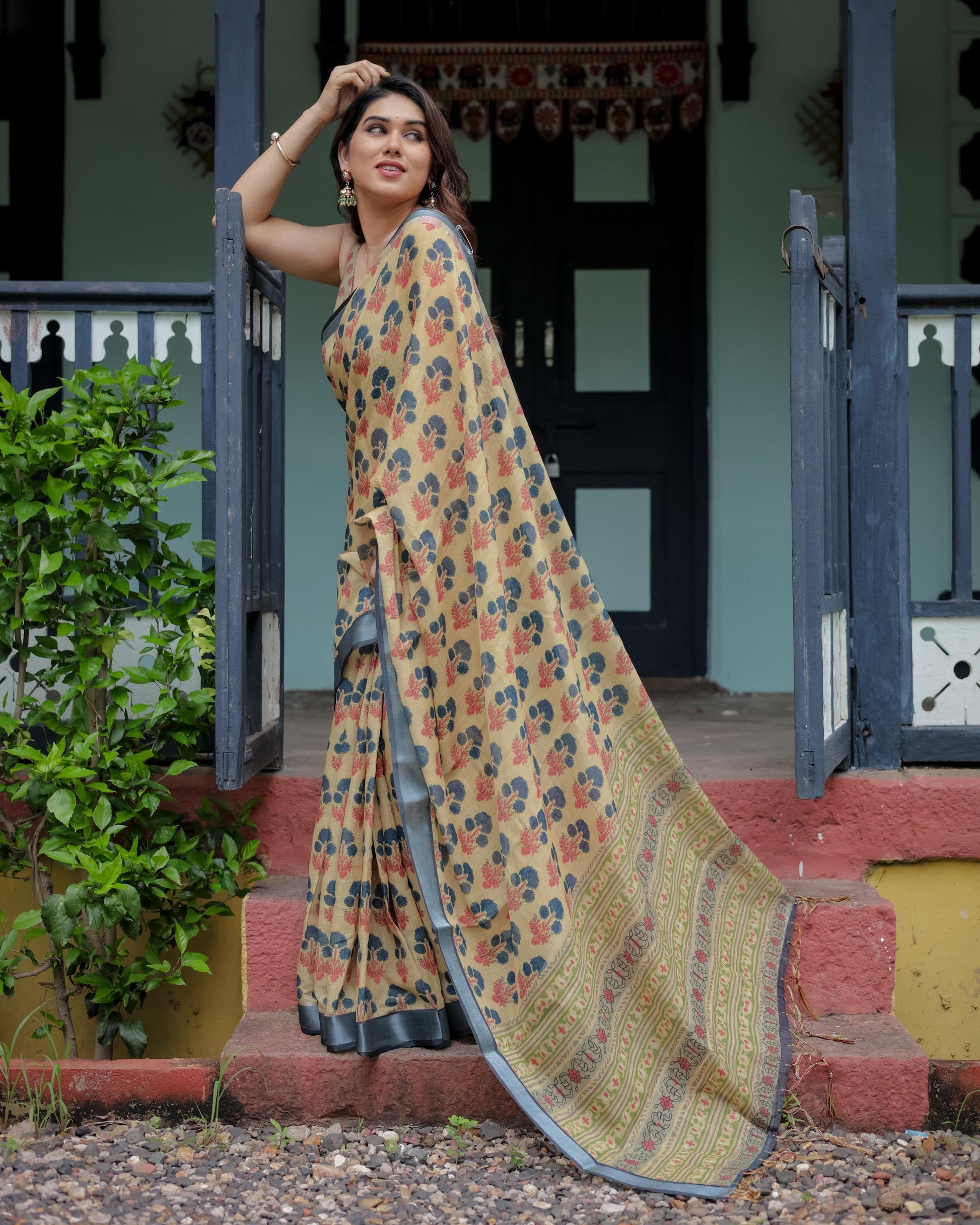 Beige and Charcoal Pure Cotton Linen Saree with Floral Print And Tassel Detailing With Unstitched Blouse