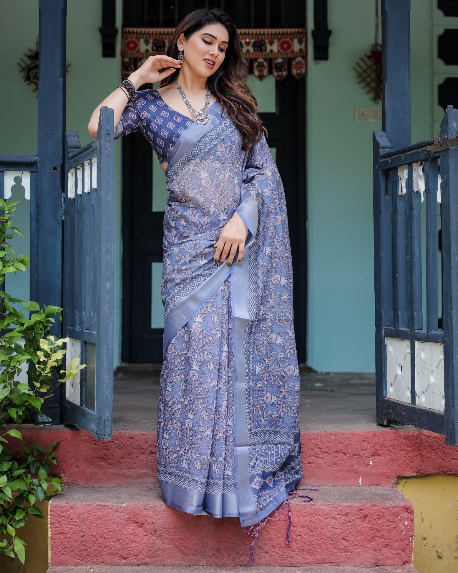 Steel Blue Pure Cotton Linen Saree with Floral and Geometric Block Print, , and Tassel Detailing With Unstitched Blouse