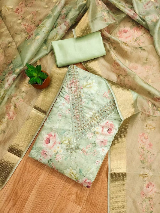 Heavy Modal Floral Print Dress Material Set with Khatli Work for Women with Santoon Bottom & Inner and Banarasi Jacquard Digital Print Dupatta