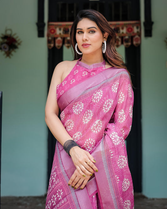 Magenta Pure Cotton Linen Saree with White Floral Block Print And Tassel Detailing With Unstitched Blouse