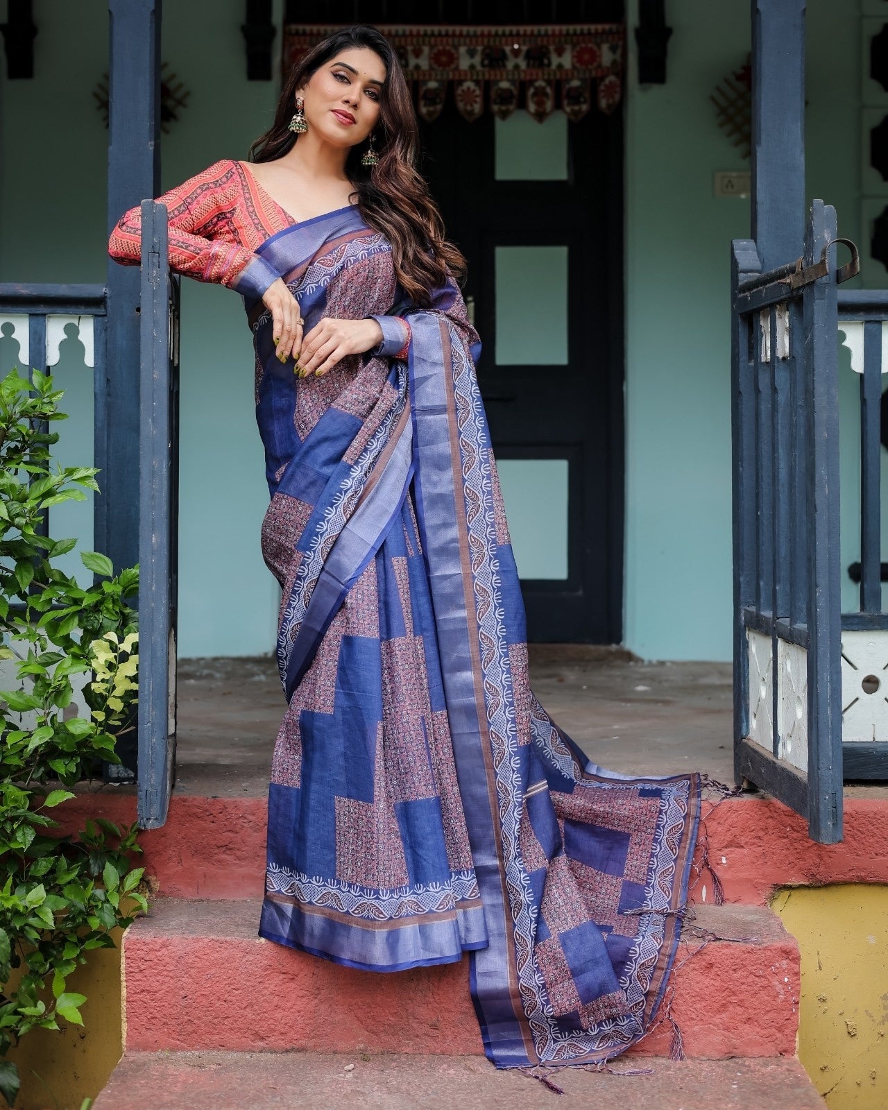 Navy Blue & Red Pure Cotton Linen Saree and Tassels on Edges With Unstitched Blouse