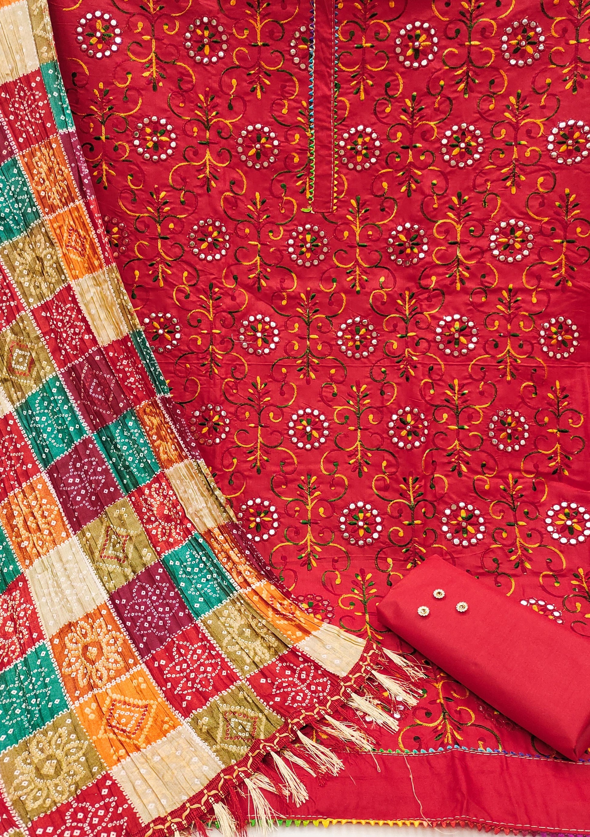 Cotton Dress Material Set for Women with Chinon Bandhani Print Dupatta | Unstitched Salwar Suit Fabric (Top 1.9m, Bottom 2m, Dupatta 2.1m)