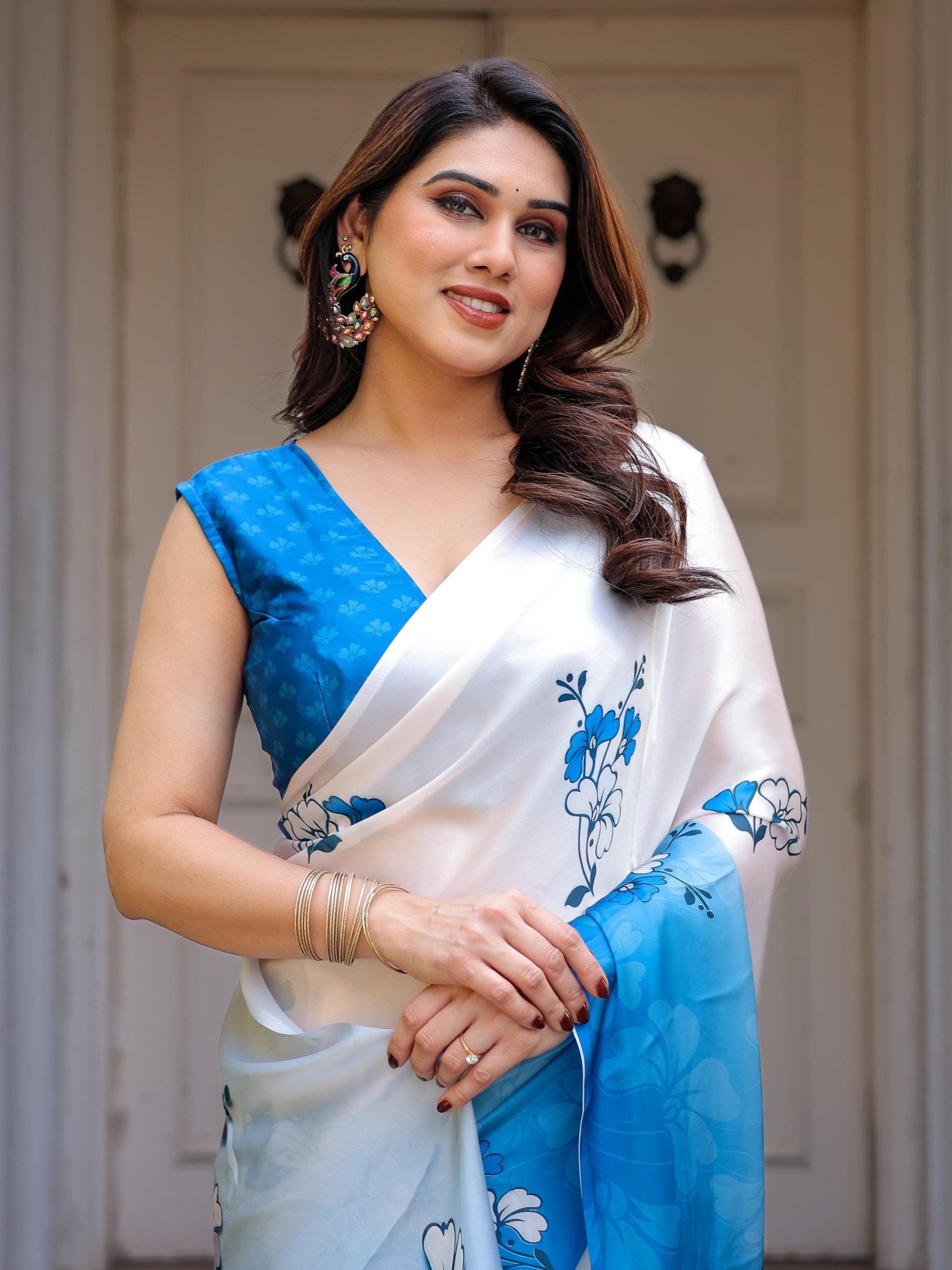 White Blue Floral Printed Satin Georgette Saree for Women with Designer Blouse | Elegant Soft Party Wear Saree