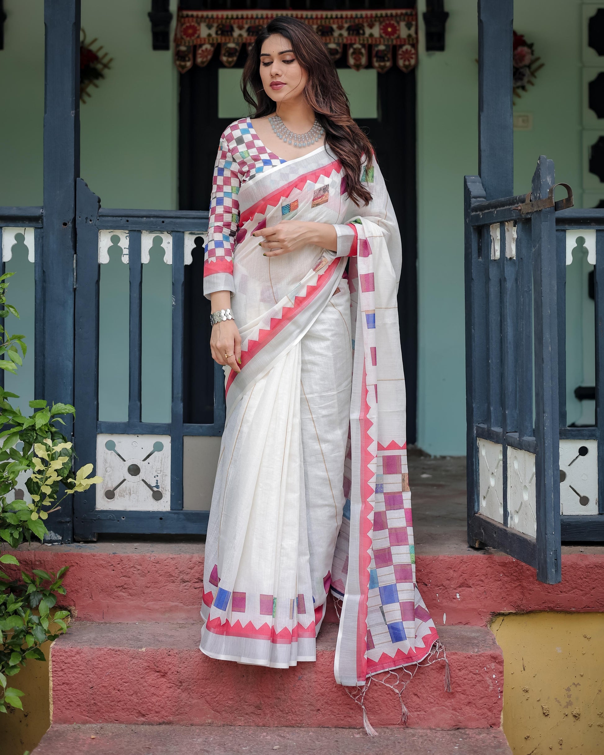 White Pure Cotton Linen Saree with Multicolor Checkered Design And Tassel Detailing With Unstitched Blouse