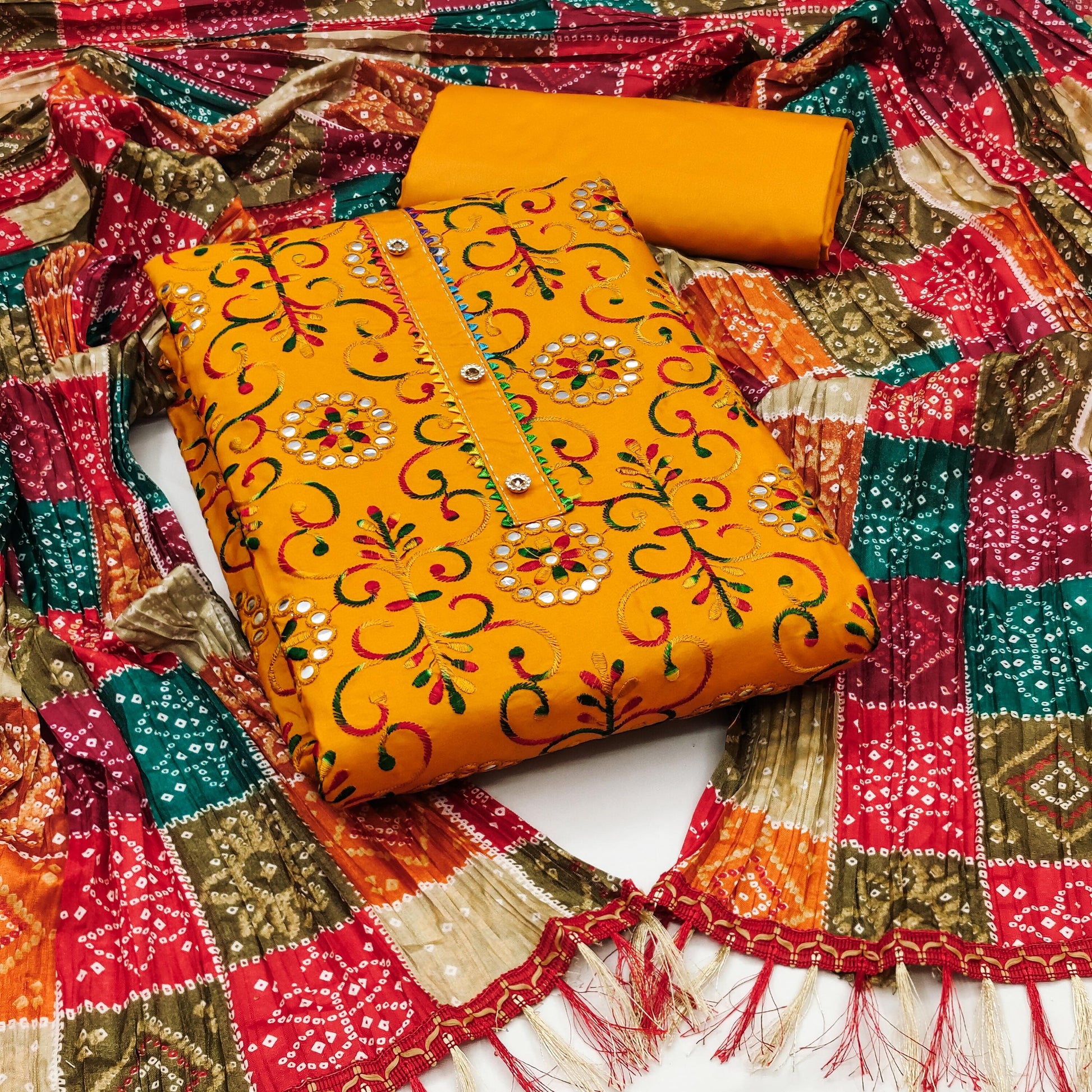 Cotton Dress Material Set for Women with Chinon Bandhani Print Dupatta | Unstitched Salwar Suit Fabric (Top 1.9m, Bottom 2m, Dupatta 2.1m)