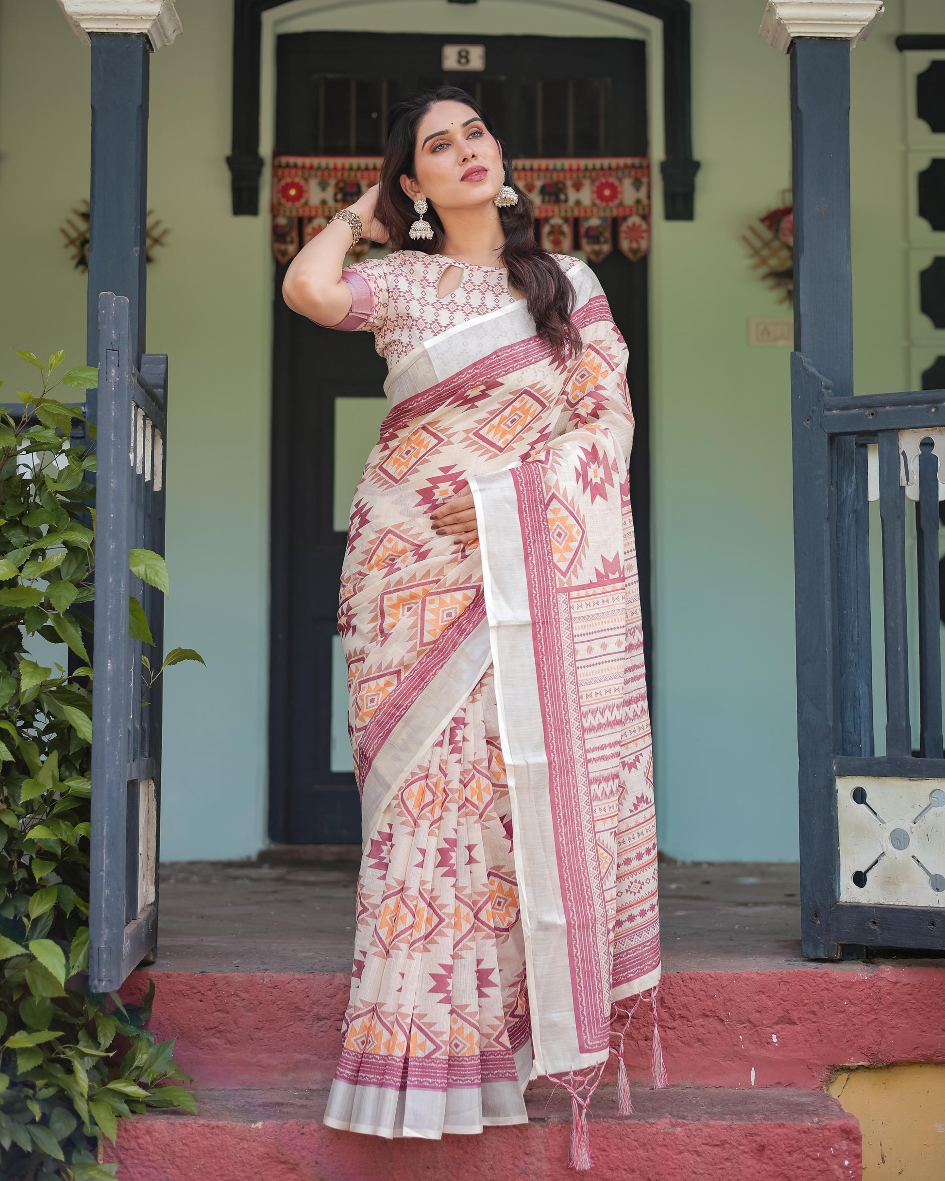 Cream and Maroon Geometric Printed Pure Cotton Linen Saree and Tassels With Unstitched Blouse