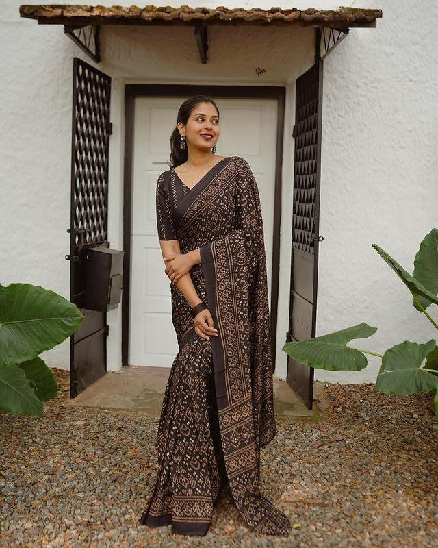 Black Pure Cotton Linen Saree Weaved With Zari Comes With Tassels With Unstitched Blouse