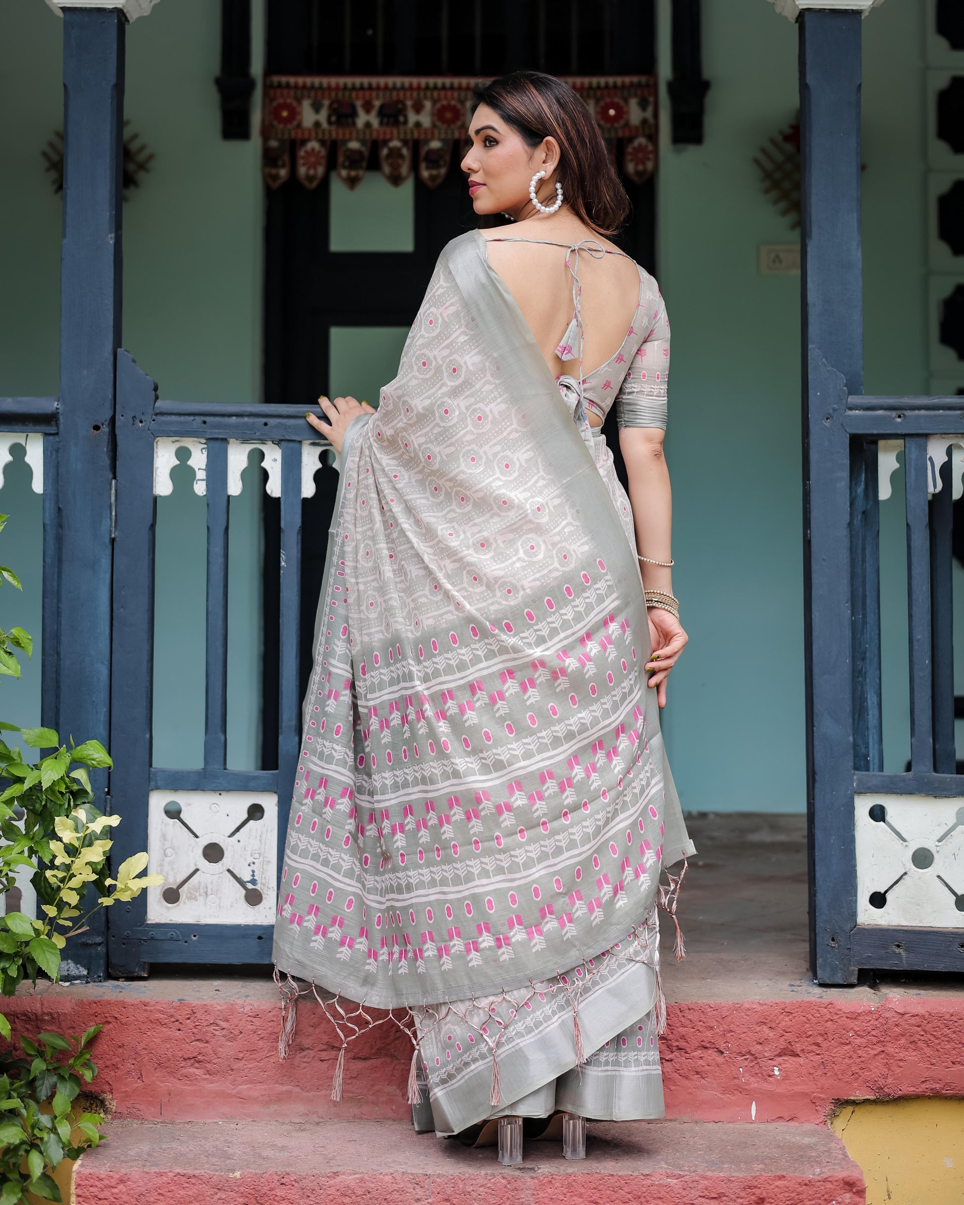 Soft Grey Pure Cotton Linen Saree with Pink and White Ikat Design, , and Tassel Detailing With Unstitched Blouse
