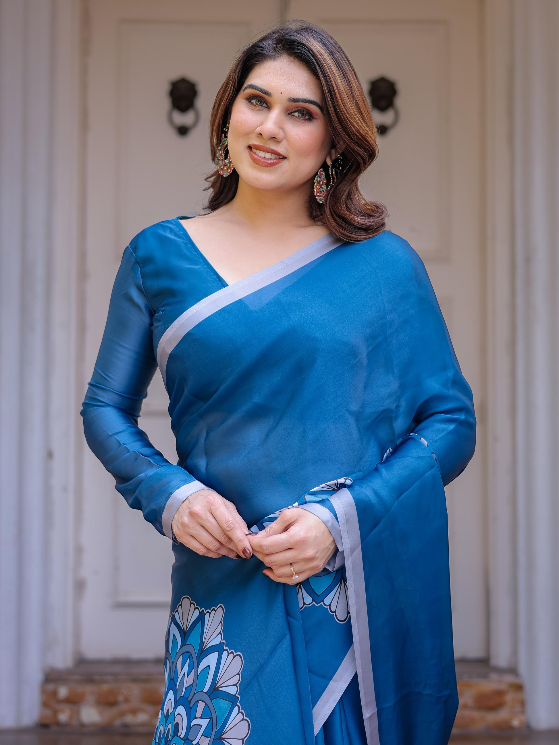 Teal Blue Printed Satin Georgette Saree for Women with Designer Blouse | Elegant Party Wear Saree