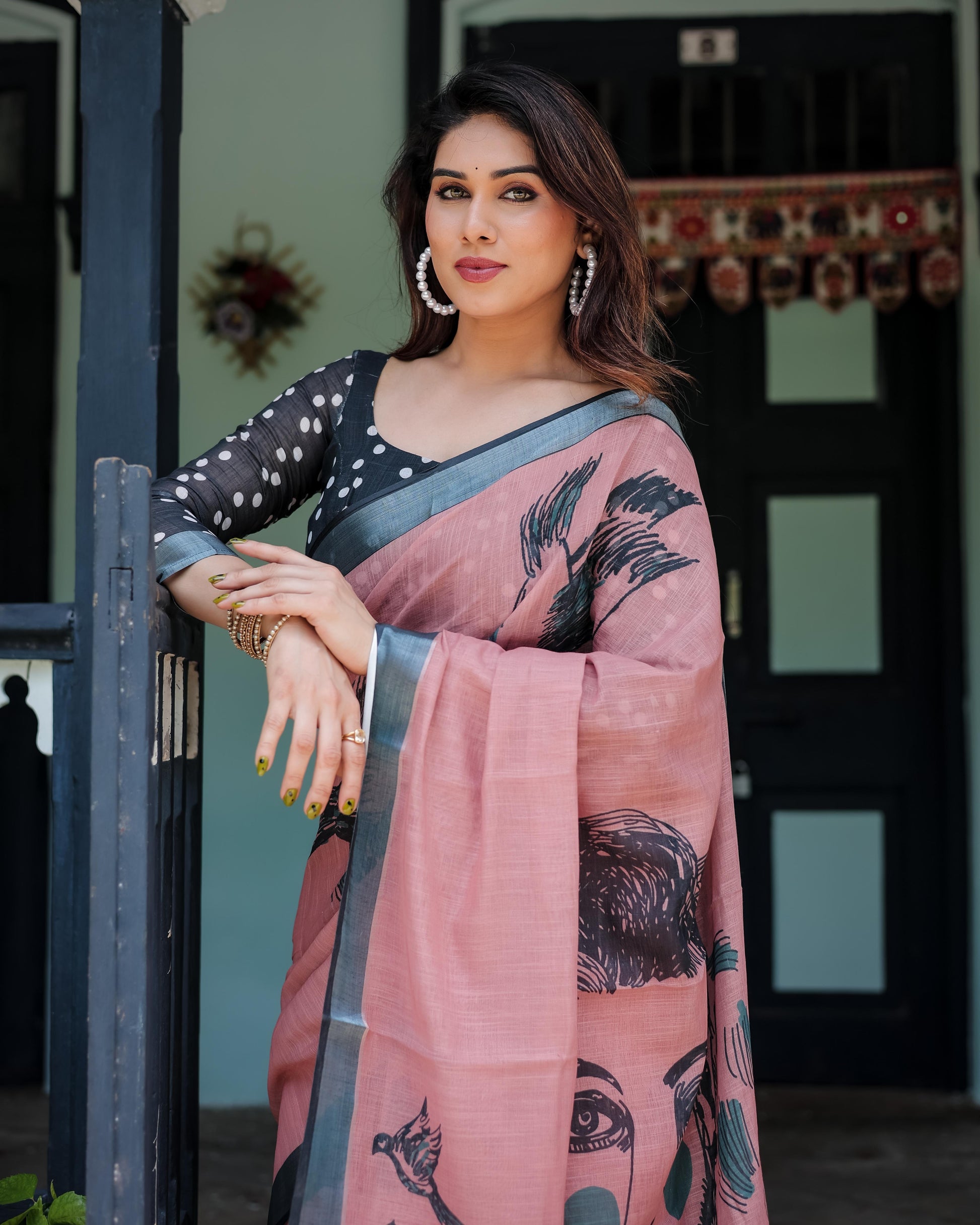 Blush Pink Pure Cotton Linen Saree with Contrast Polka Dot and Tassel Detailing With Unstitched Blouse