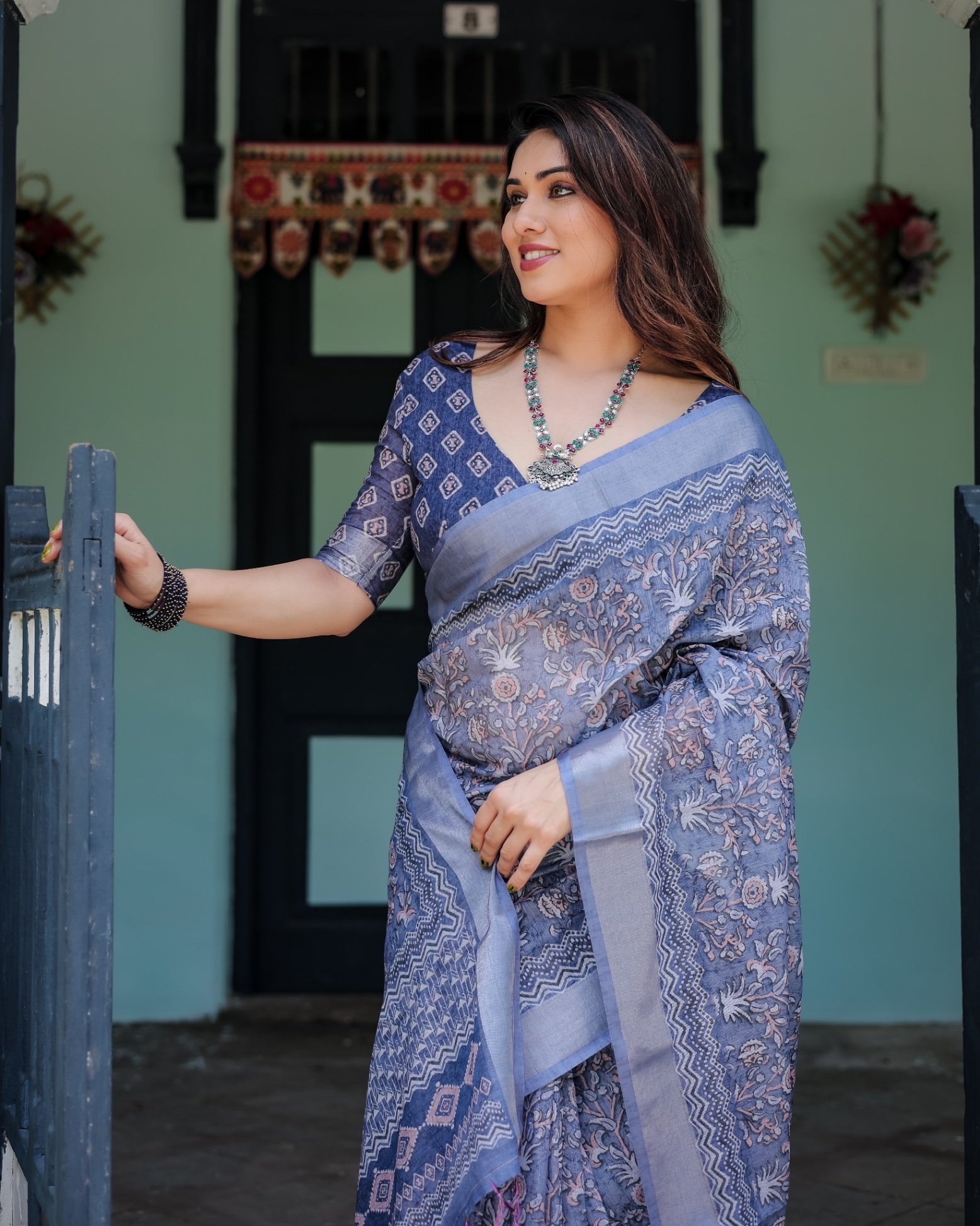 Steel Blue Pure Cotton Linen Saree with Floral and Geometric Block Print, , and Tassel Detailing With Unstitched Blouse