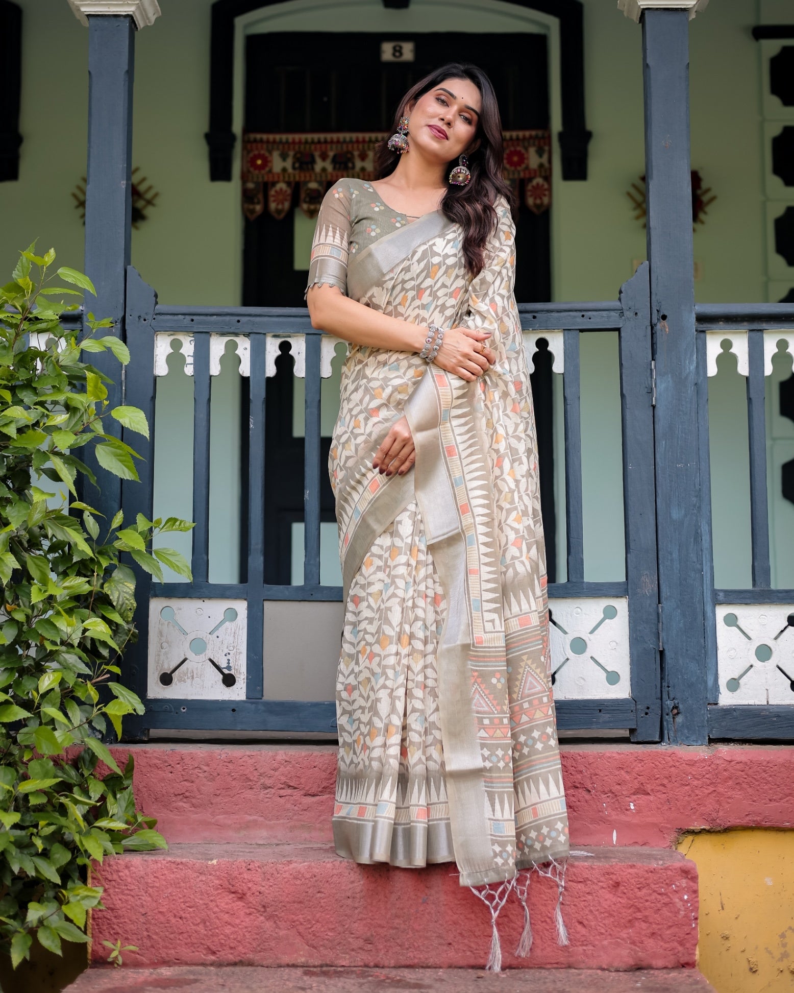 Beige Pure Cotton Linen Saree with Geometric and Leaf Pattern And Tassels With Unstitched Blouse