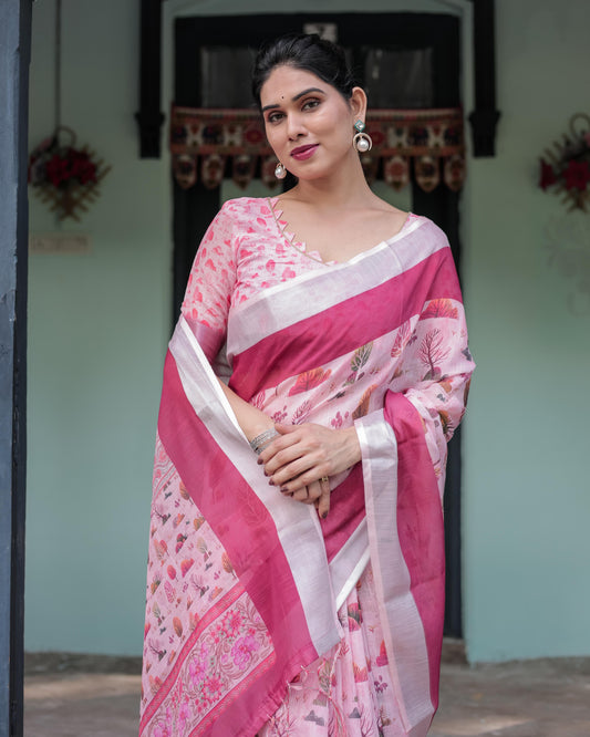 Soft Pink Linen Floral Printed Saree with Contrast Border and Tassel Detailing with Unstitched Blouse for Women