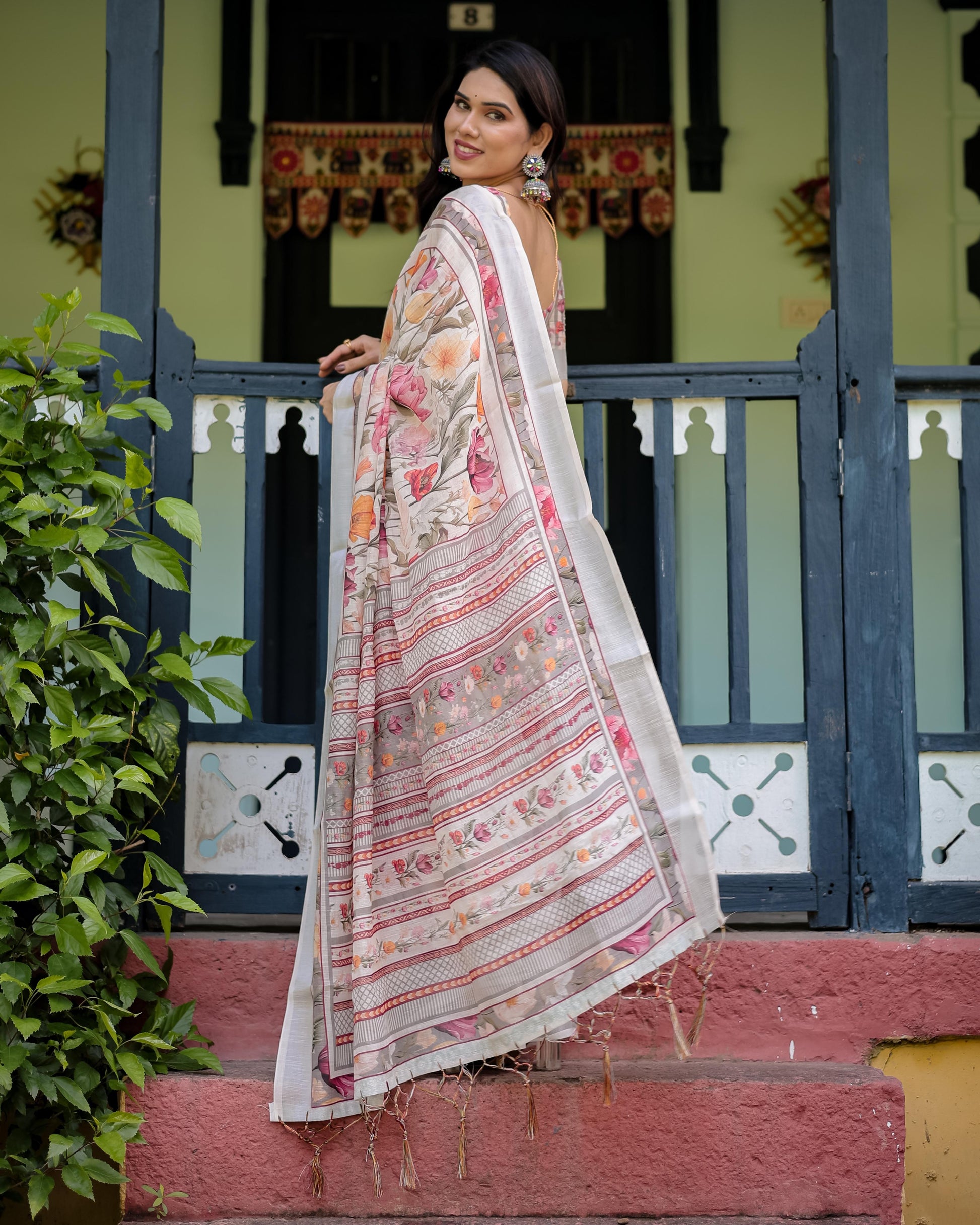 Elegant Floral Print Pure Cotton Linen Saree in Ivory with Multicolor Florals and Tassels With Unstitched Blouse