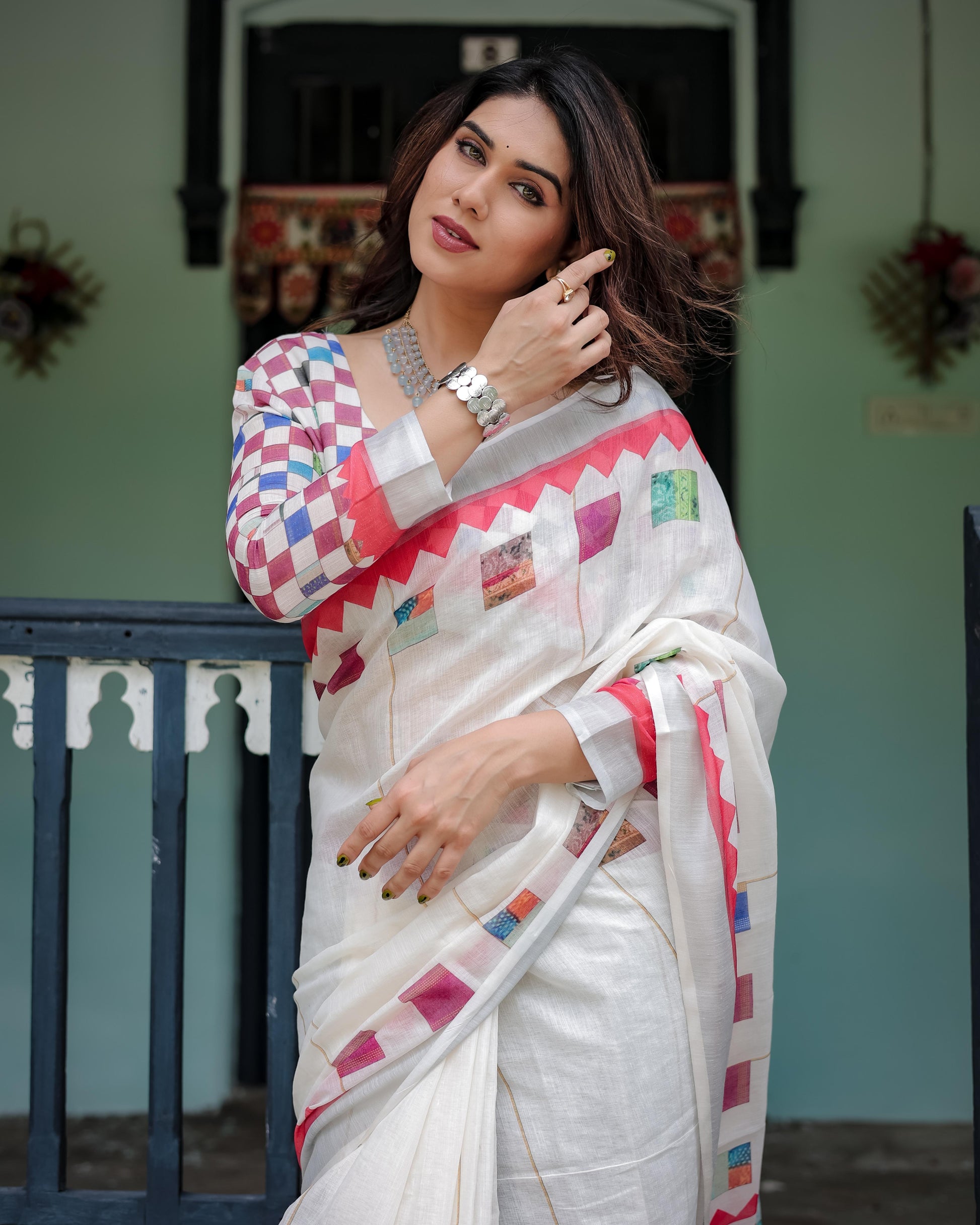 White Pure Cotton Linen Saree with Multicolor Checkered Design And Tassel Detailing With Unstitched Blouse