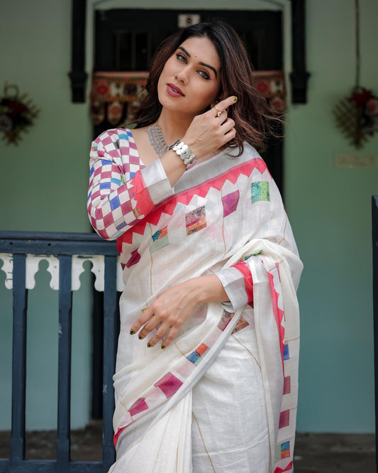 White Pure Cotton Linen Saree with Multicolor Checkered Design And Tassel Detailing With Unstitched Blouse