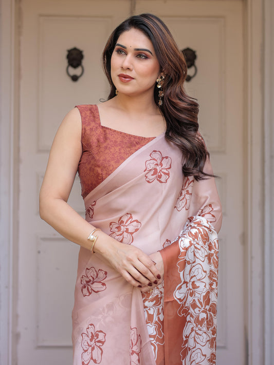 Peach Satin Georgette Floral Printed Saree with Rust Blouse for Women | Elegant Designer Party Wear Saree