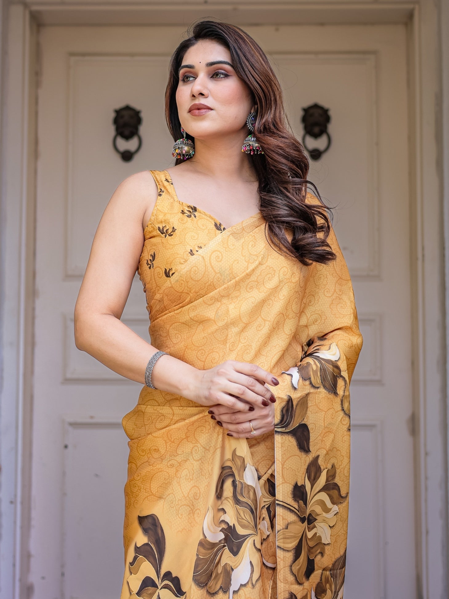 Mustard Floral Printed Satin Georgette Saree for Women with Designer Blouse | Elegant Soft Party Wear Saree