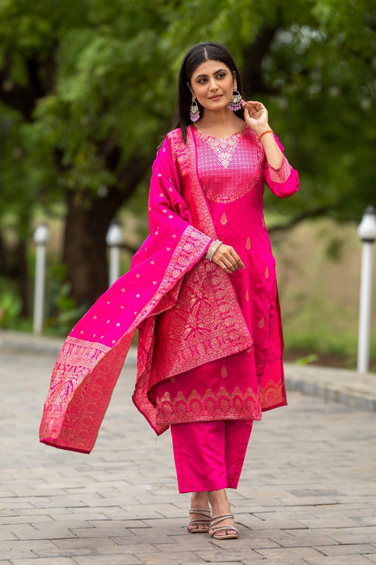 Women's Ethnic Kurta Set with Dupatta | Jacquard Work | Ready-to-Wear Suit Set