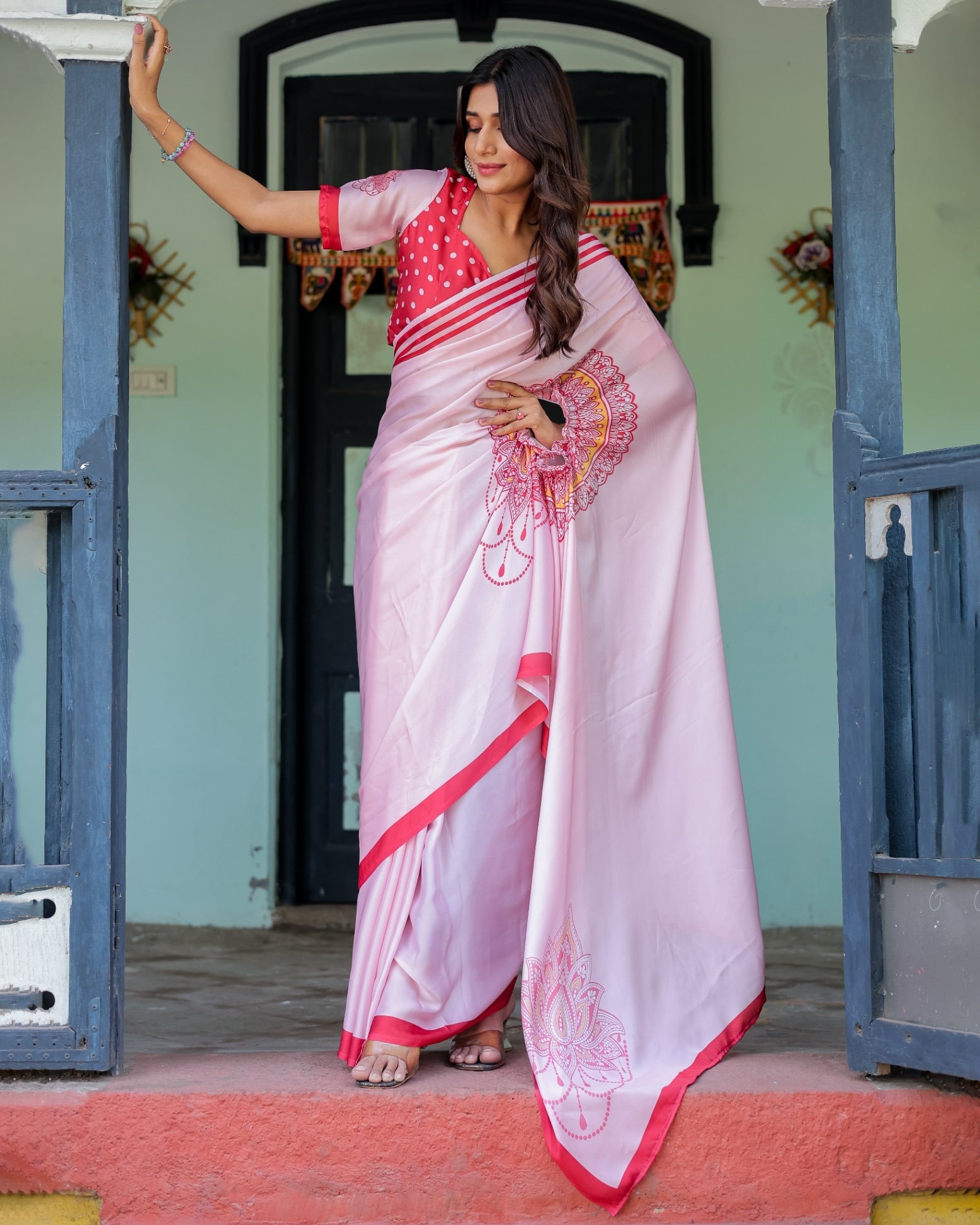 Baby Pink Designer Saree with Mandala Pallu & Polka Dot  Satin Georgette Handsfree Pallu Feature With Unstitched Blouse