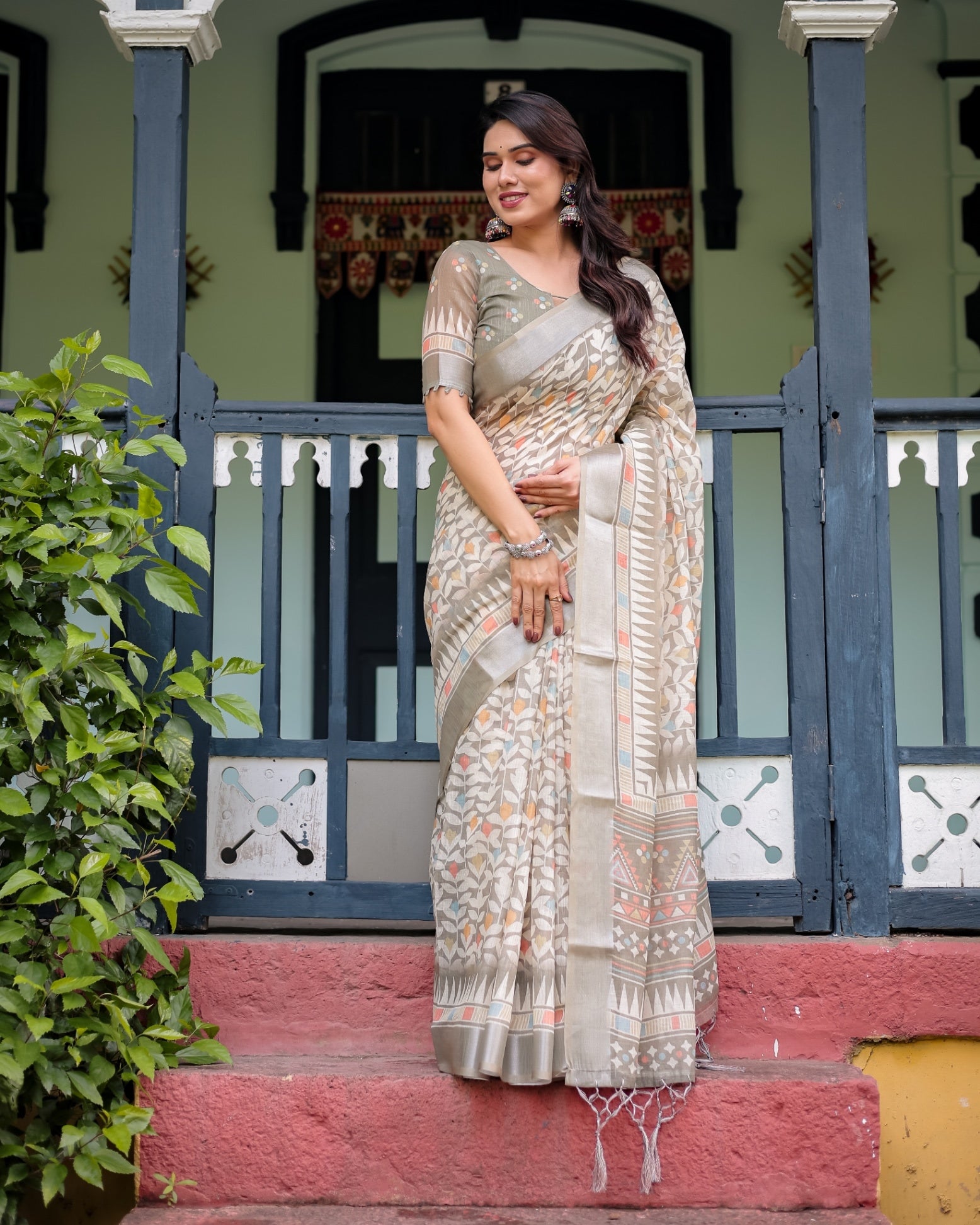 Beige Pure Cotton Linen Saree with Geometric and Leaf Pattern And Tassels With Unstitched Blouse