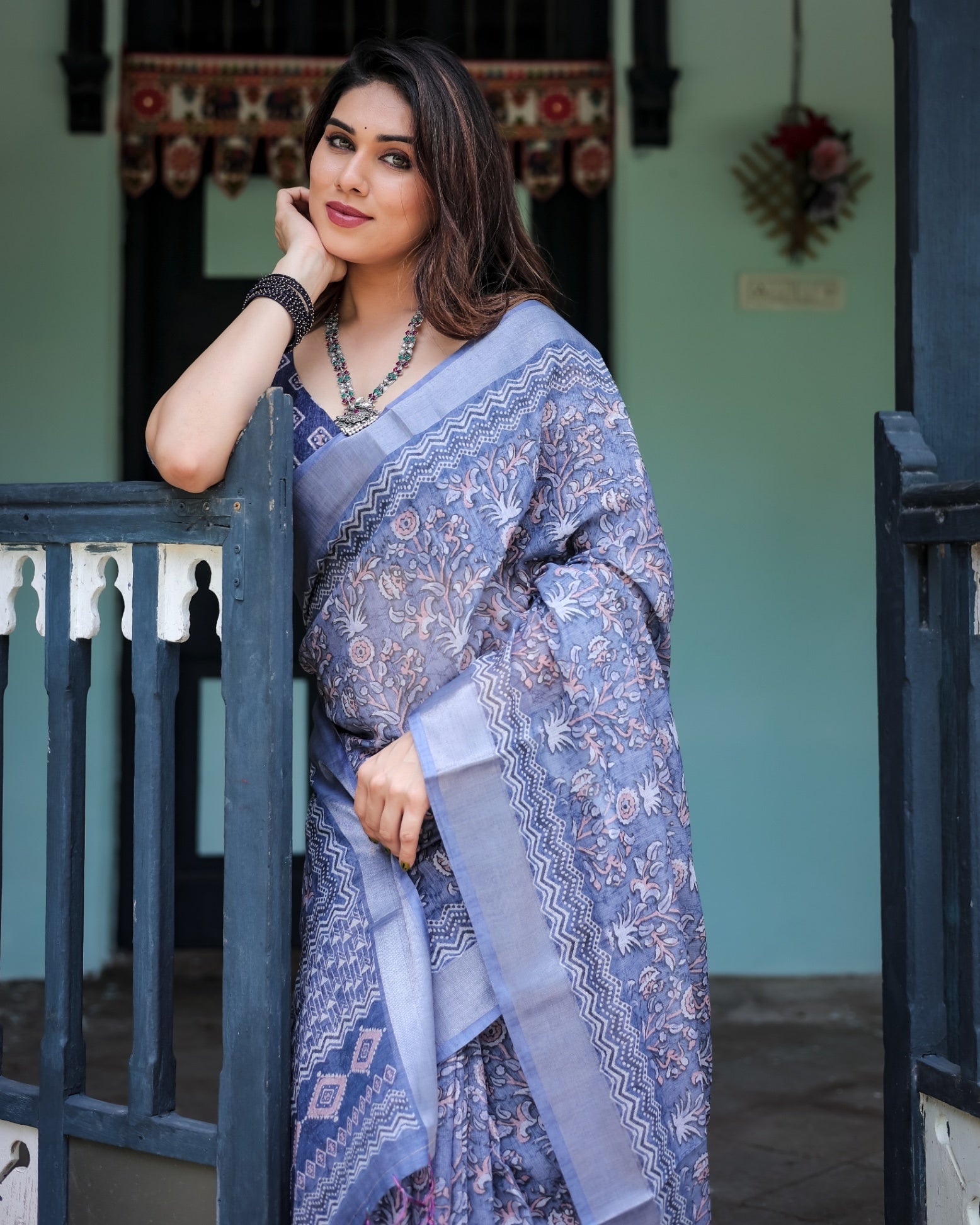 Steel Blue Pure Cotton Linen Saree with Floral and Geometric Block Print, , and Tassel Detailing With Unstitched Blouse
