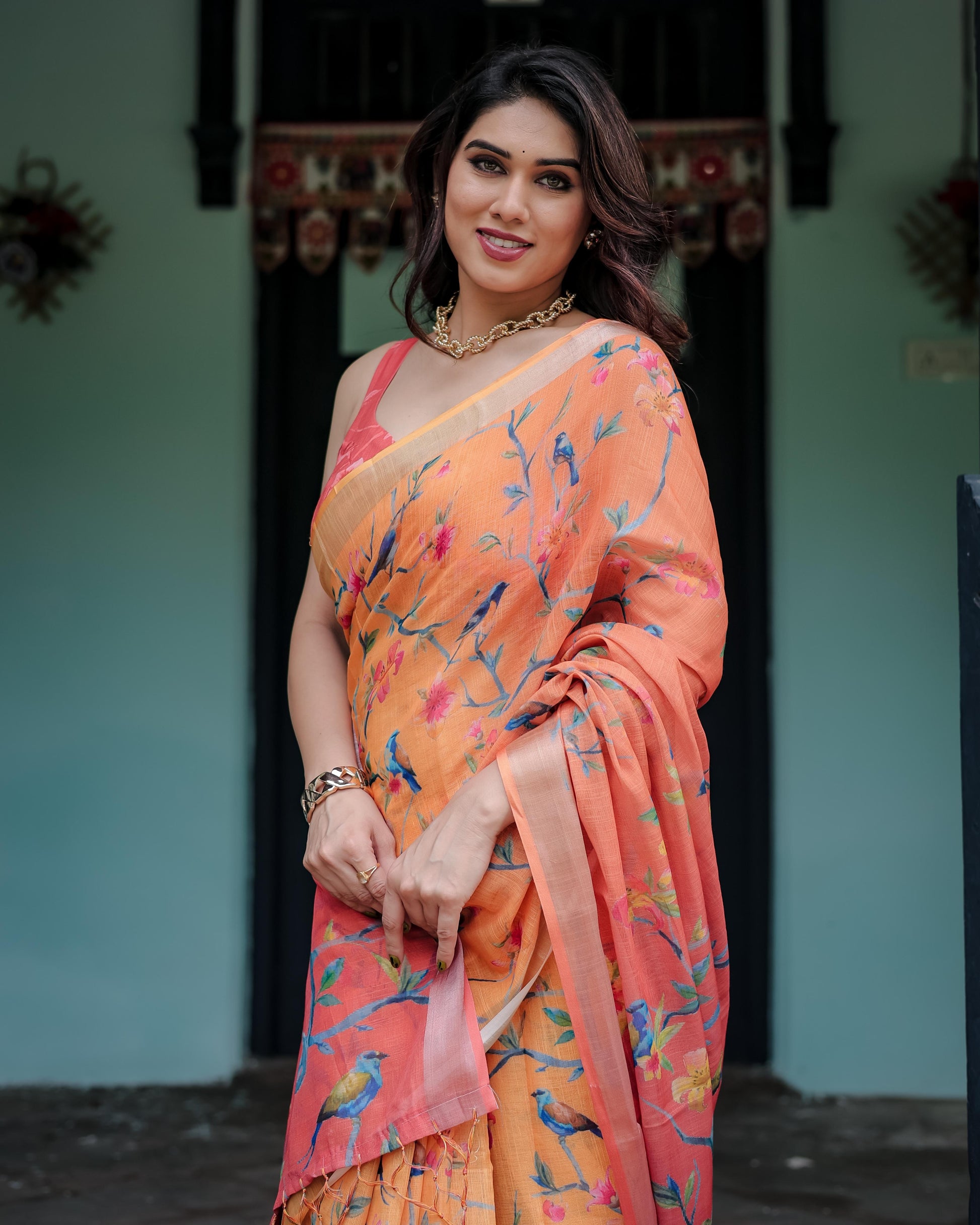 Peach and Orange Pure Cotton Linen Saree with Floral and Bird Print And Tassel Detailing With Unstitched Blouse