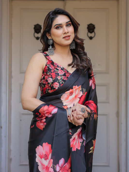 Black Floral Print Satin Georgette Saree with Red Flower Design | Elegant Designer Party Wear Saree