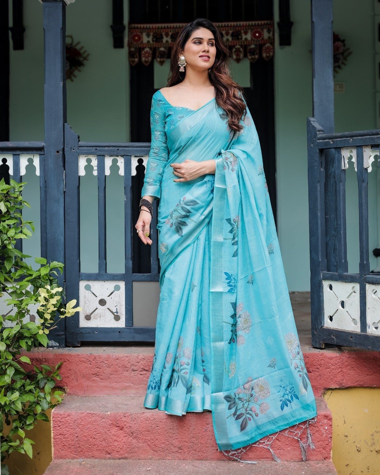 Aqua Blue Pure Cotton Linen Saree with Floral Design And Tassel Detailing With Unstitched Blouse