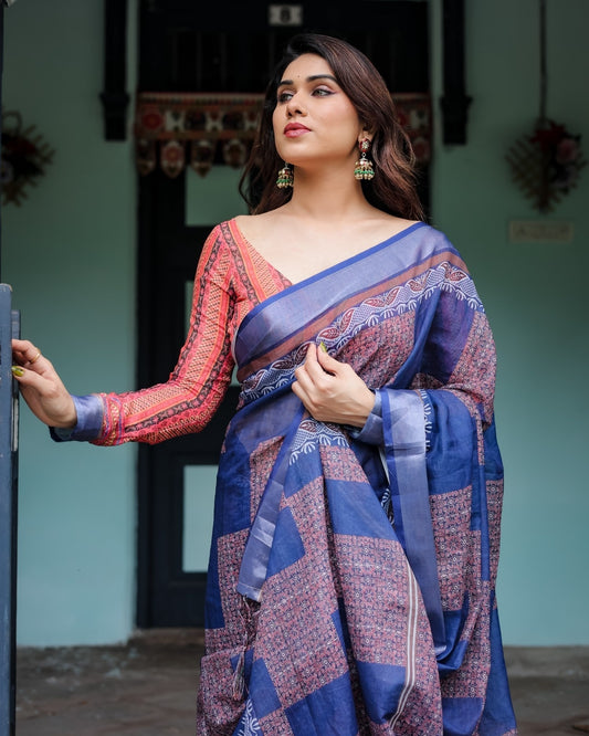 Navy Blue & Red Pure Cotton Linen Saree and Tassels on Edges With Unstitched Blouse
