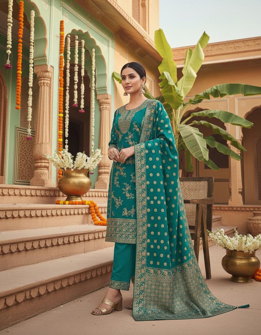Women's Jacquard Polyester Kurta Set with Bottom & Jacquard Dupatta | Stitched Ethnic Wear for Women