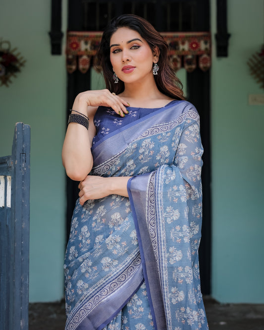 Elegant Blue Pure Cotton Linen Saree with Floral Pattern And Tassels on Edges With Unstitched Blouse