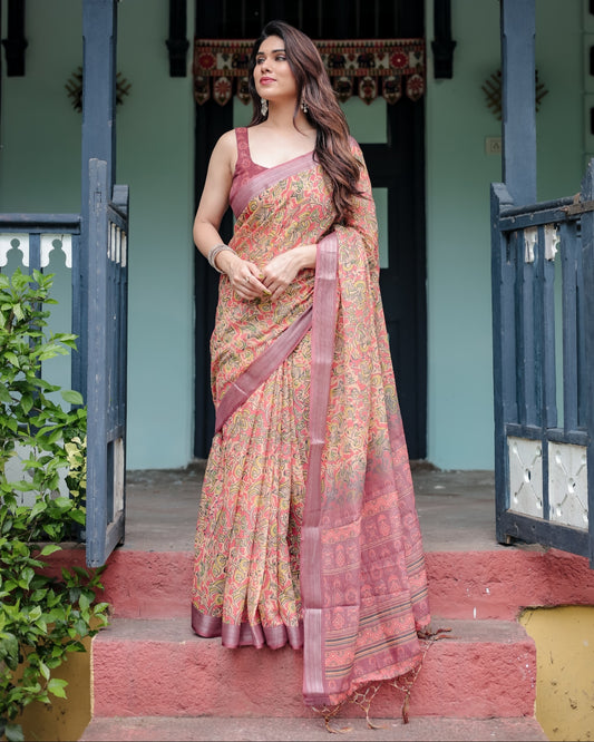 Beige and Rust Pure Cotton Linen Saree with Tribal Block Print And Tassel Detailing With Unstitched Blouse