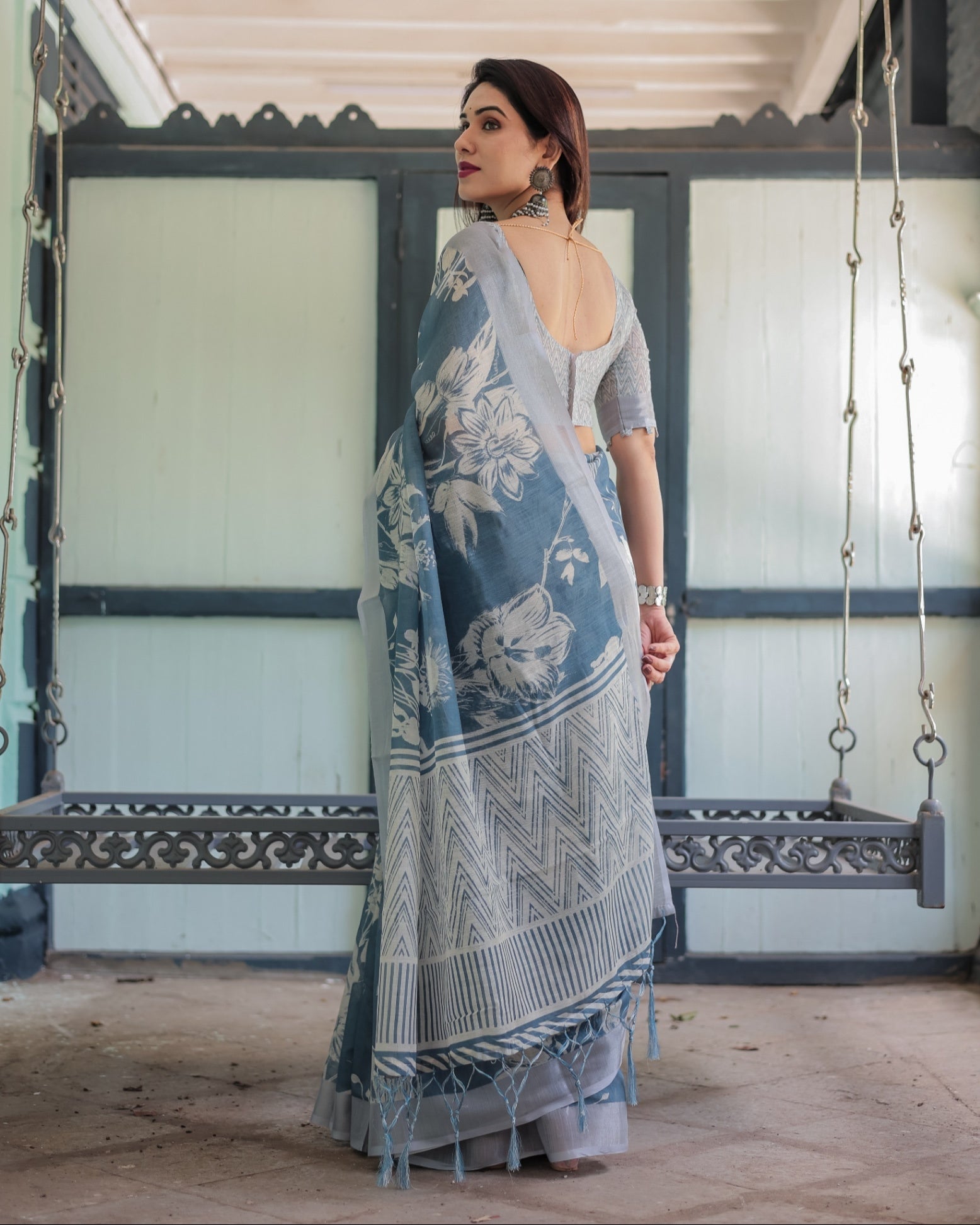 Pastel Blue Floral and Geometric Printed Cotton Linen Saree and Tassel Edges With Unstitched Blouse