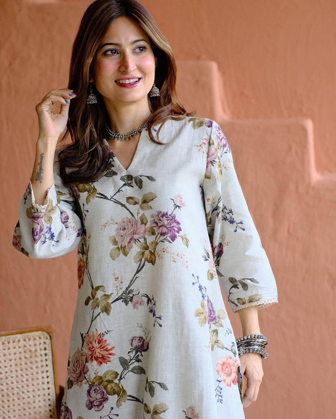 Women's Rayon Slub Hand Print Kurta Set with Bottom | Stitched Ethnic Wear for Women