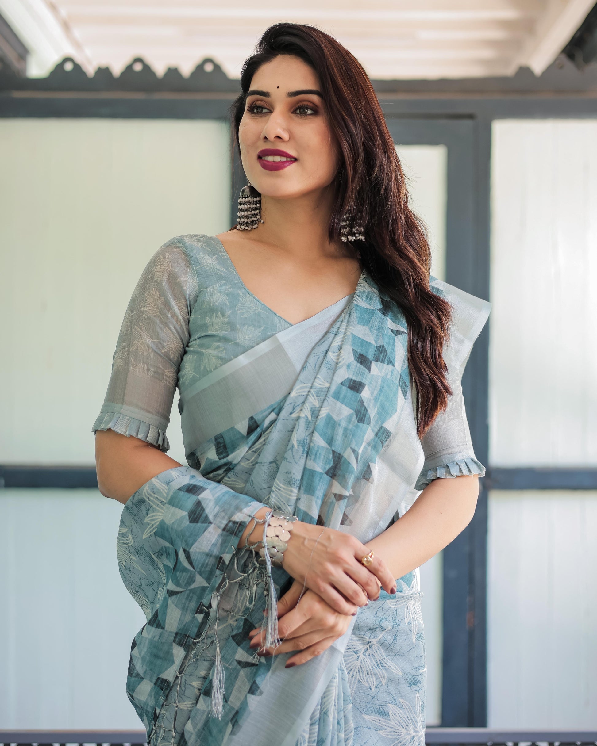 Light Blue Pure Cotton Linen Saree with Geometric and Floral Patterns And Tassels With Unstitched Blouse