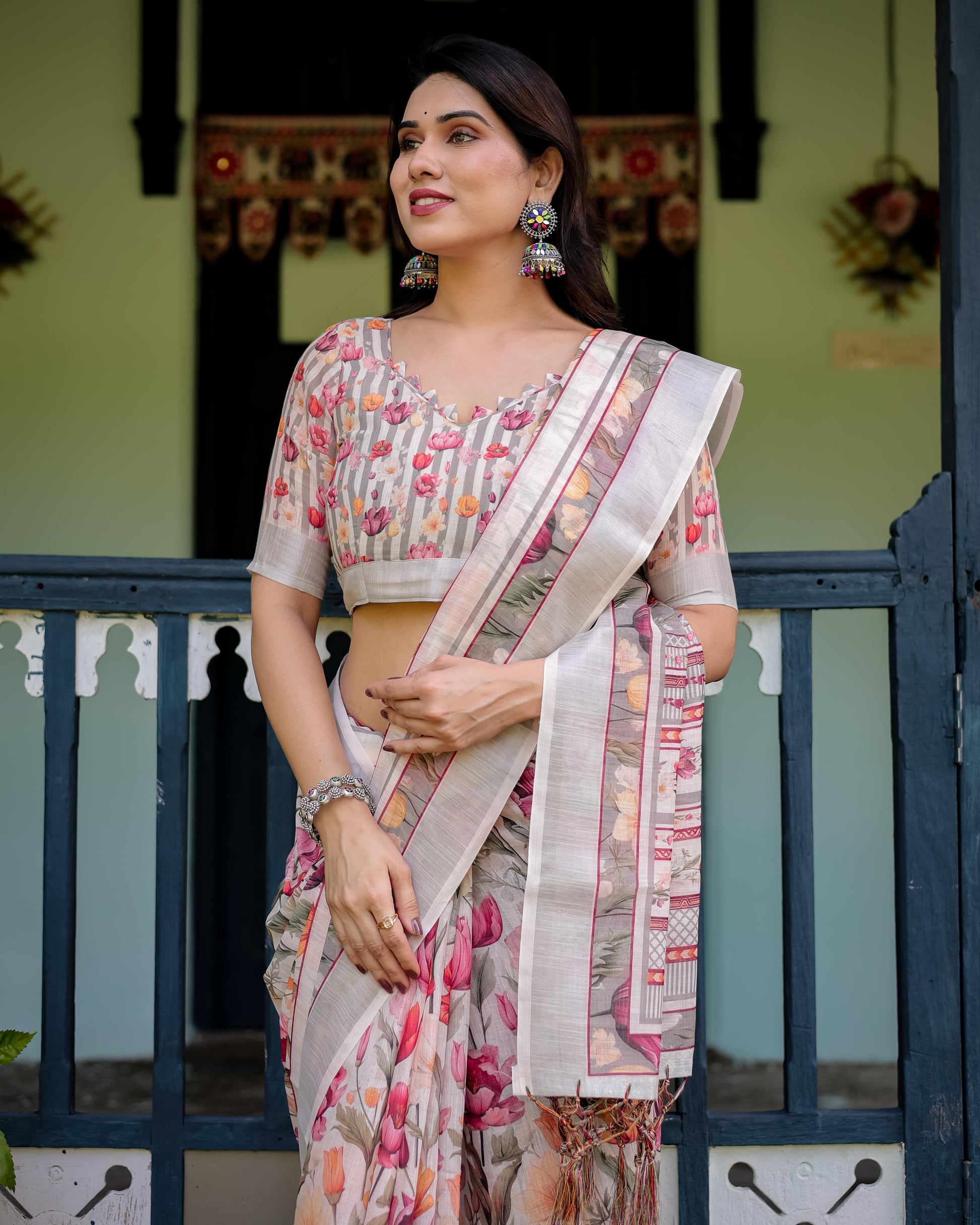 Elegant Floral Print Pure Cotton Linen Saree in Ivory with Multicolor Florals and Tassels With Unstitched Blouse