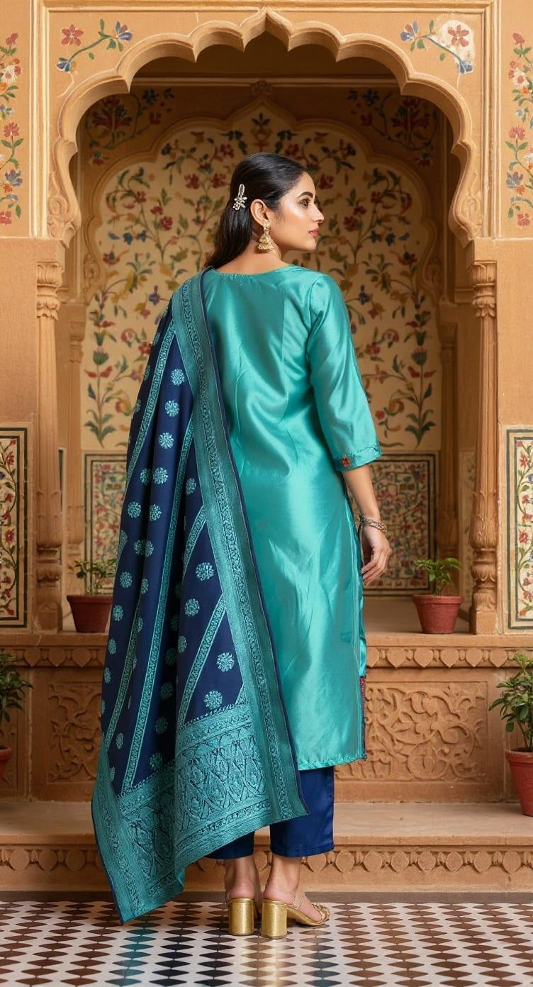 Women's Jacquard Polyester Kurta Set with Bottom & Jacquard Dupatta | Stitched Ethnic Wear for Women