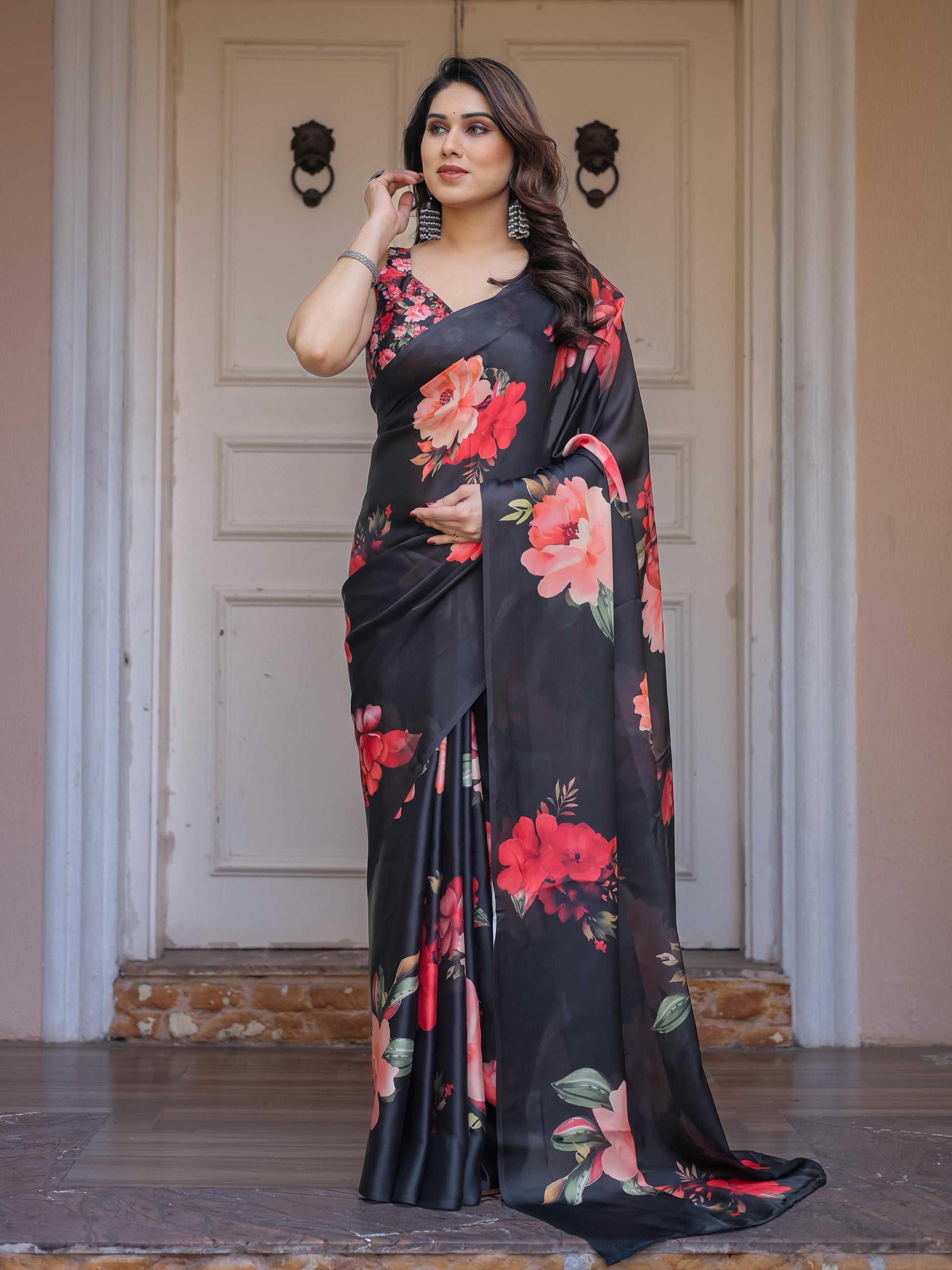 Black Floral Print Satin Georgette Saree with Red Flower Design | Elegant Designer Party Wear Saree