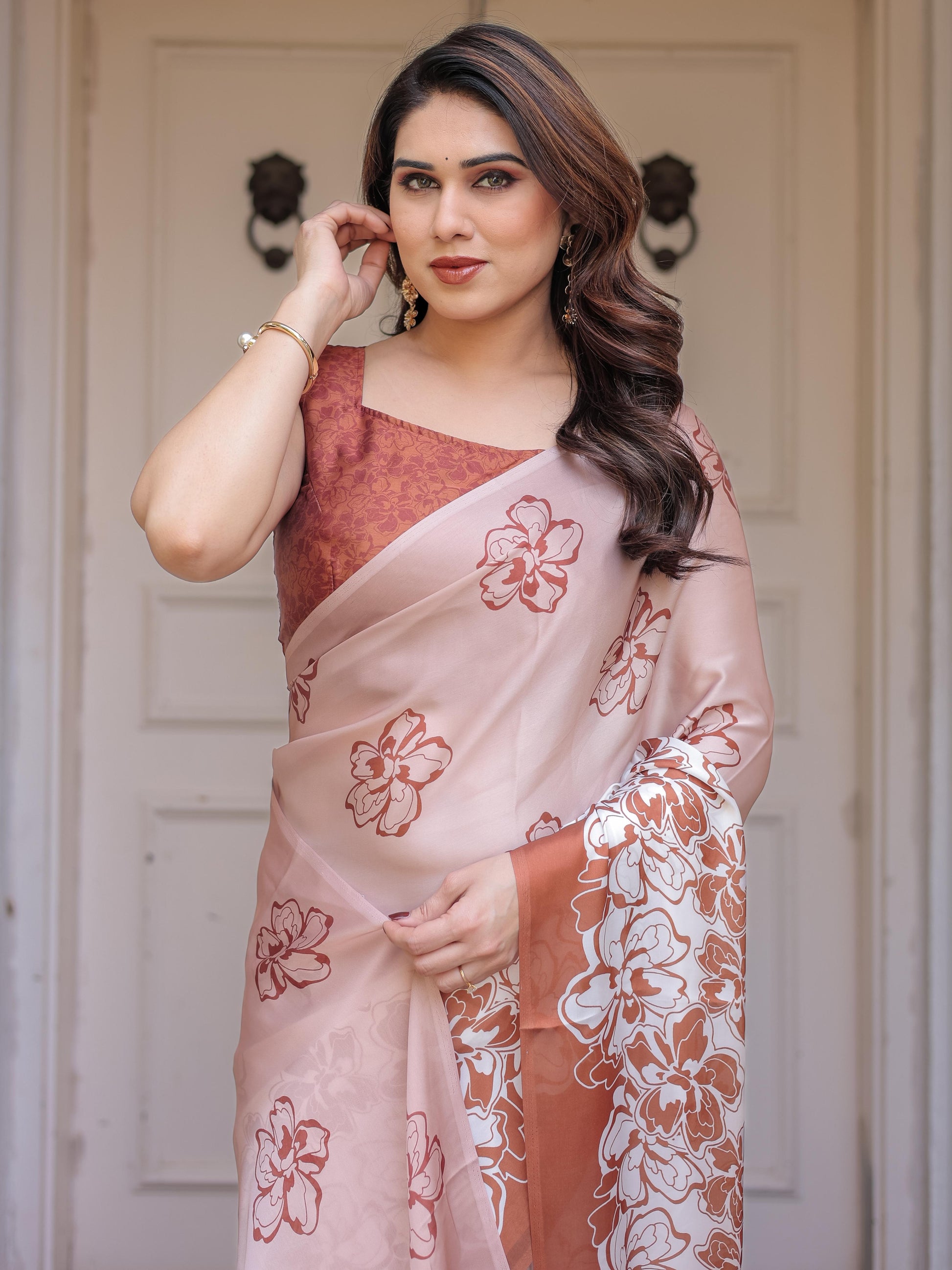 Peach Satin Georgette Floral Printed Saree with Rust Blouse for Women | Elegant Designer Party Wear Saree