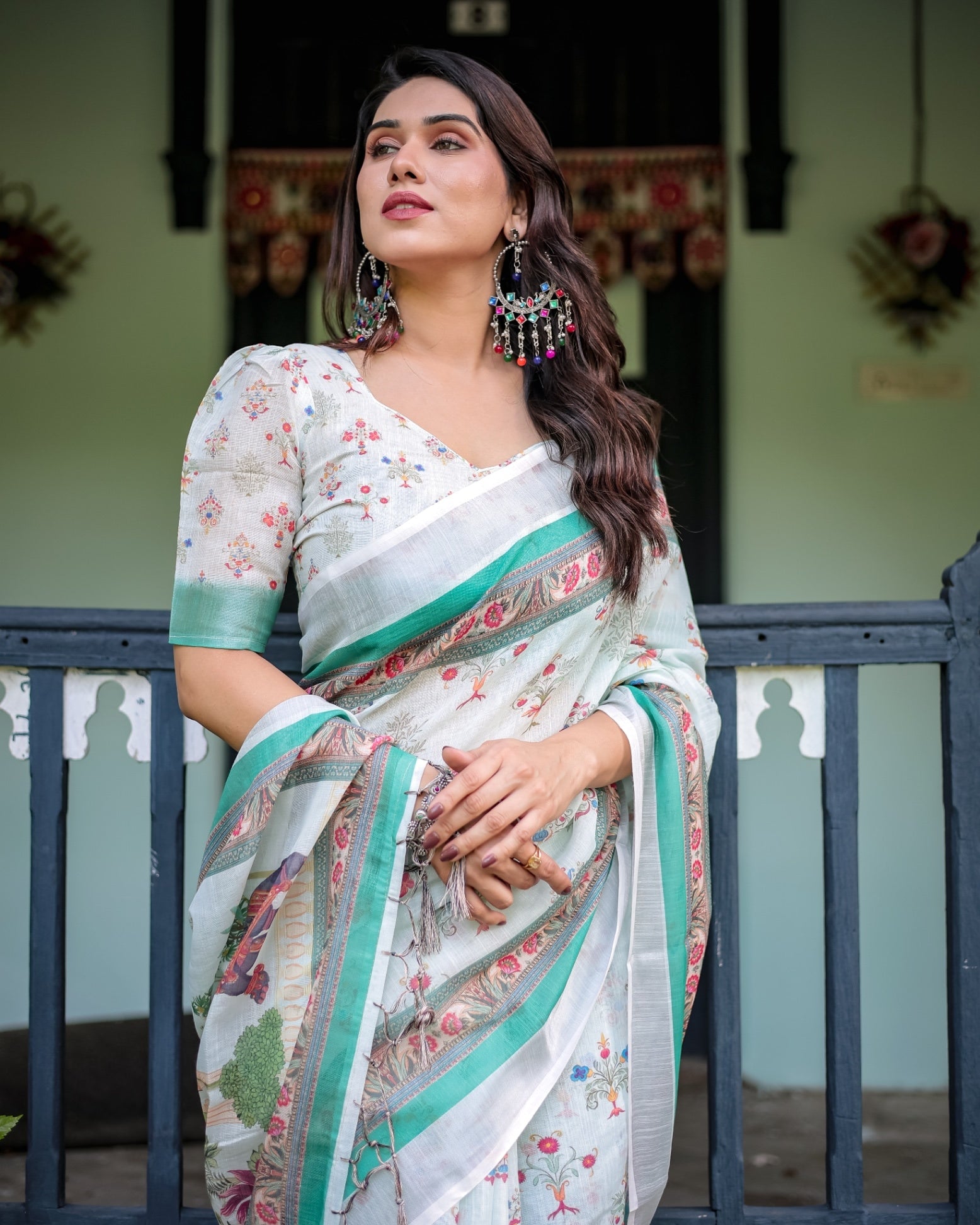 Ivory Pure Cotton Linen Saree Elephant Motif and Floral Pattern, Green and Pink Borders, and Tassels on Edges. With Unstitched Blouse