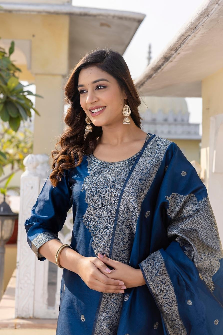 Noor Women's Soft Silk Kurta Set with Poly Silk Bottom & Jacquard Dupatta