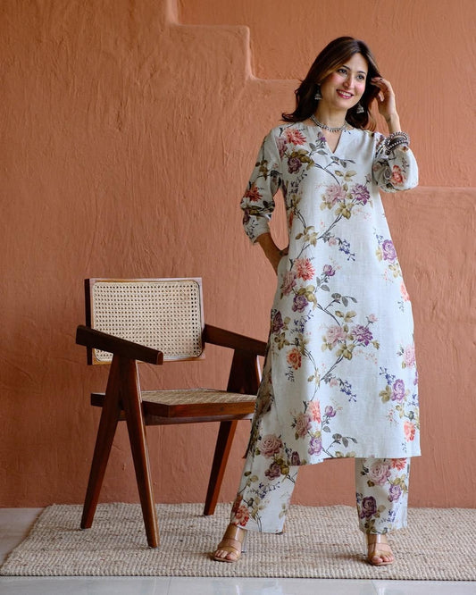 Women's Rayon Slub Hand Print Kurta Set with Bottom | Stitched Ethnic Wear for Women
